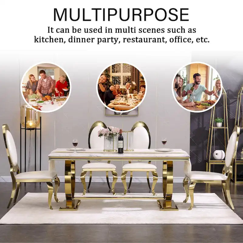 Table à manger de luxe avec piètement circulaire en métal poli - 72 pouces
