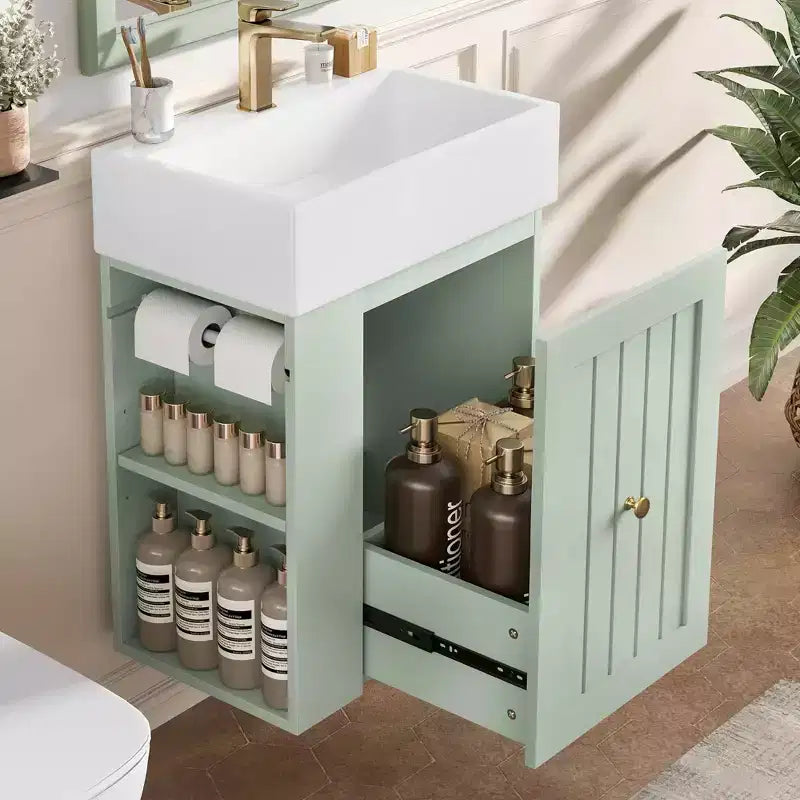 Meuble-lavabo avec évier en céramique, tiroir de rangement en MDF, étagère latérale et poignée dorée