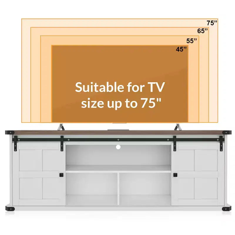 Meuble TV 70 po pour téléviseurs 75 po, centre de divertissement style ferme avec portes coulissantes de grange et armoires de rangement, table console TV média moderne