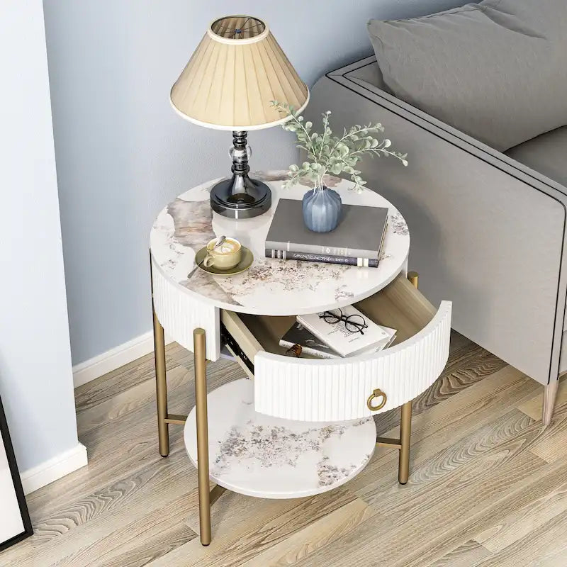 Myhozm Table d'appoint moderne avec tiroir de rangement, table de chevet ronde avec pieds en métal pour salon, chambre, bureau