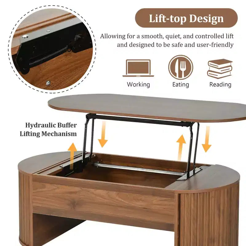 Table basse relevable de 120 cm, table centrale ovale en bois avec rangement caché, table basse moderne pour salon, chambre, bureau